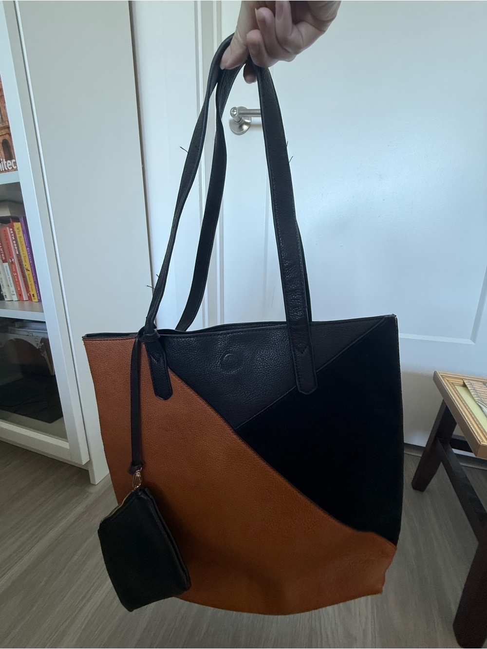 Leather Colorblock Tote Bag in Black and Brown